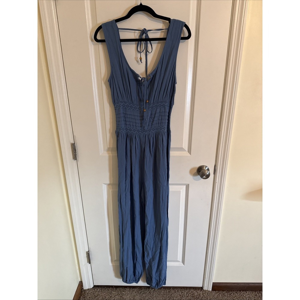 Earthbound Trading Company Boho Style Smocked Jumpsuit Slate Blue Size Small